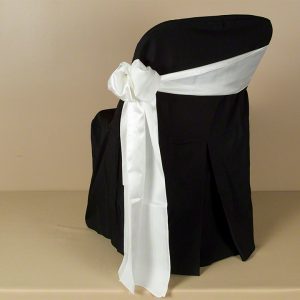 Black Polyester Folding Chair Cover with Ivory Satin Sash