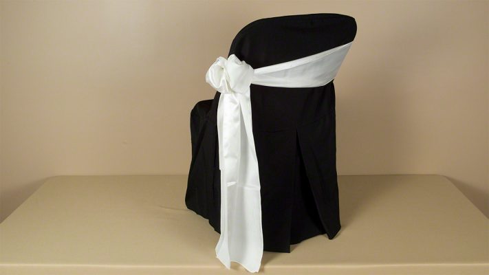 Black Polyester Folding Chair Cover with Ivory Satin Sash