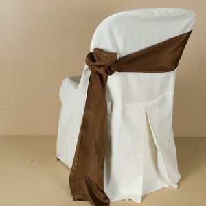 Ivory Polyester Folding Chair Cover with Chocolate Bengaline Moire Sash