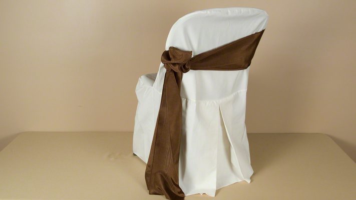Ivory Polyester Folding Chair Cover with Chocolate Bengaline Moire Sash