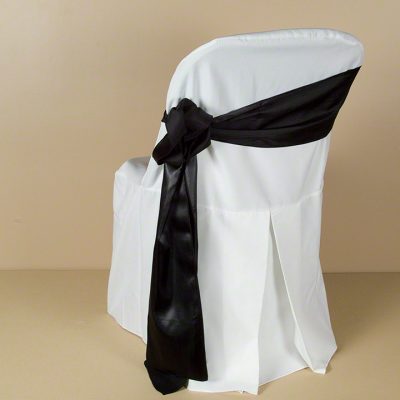 White Polyester Folding Chair Cover with Black Satin Sash
