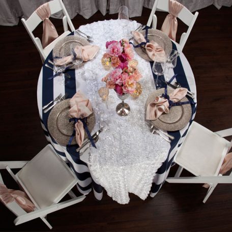 Navy 3' Stripe Tablescape with Cameo Shatung Napkins and Chair Ties