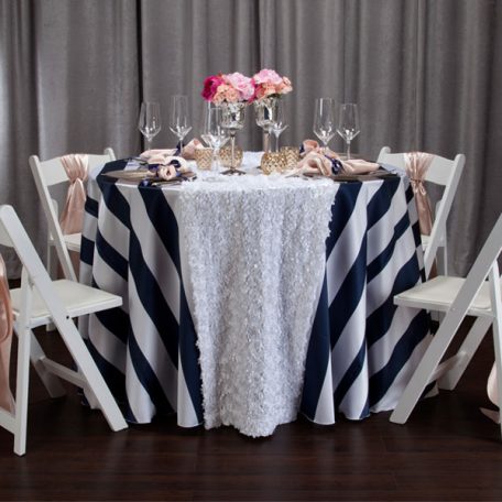 Navy 3' Stripe Tablescape with Cameo Shatung Napkins and Chair Ties