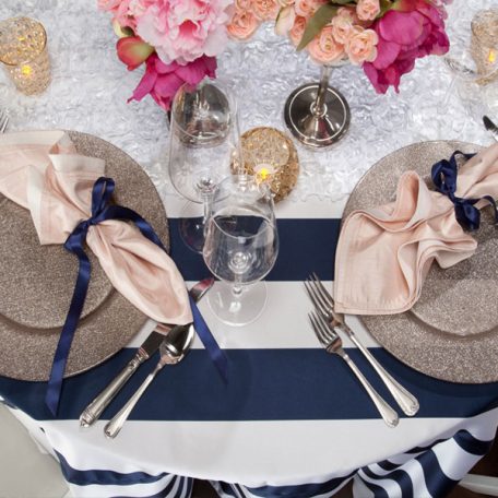 Navy 3' Stripe Tablescape with Cameo Shatung Napkins and Chair Ties