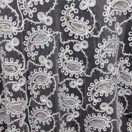 Silver Paisley Sheer Overlay shown over Black Polyester Table Linen