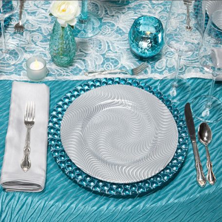 Aqua Rhythm Tablescape with White Aria Table Runner