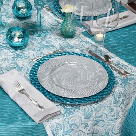 Aqua Rhythm Tablescape with White Aria Table Runner