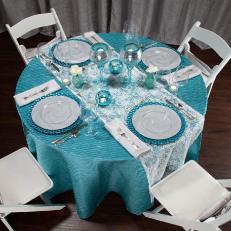 Aqua Rhythm Tablescape with White Aria Table Runner