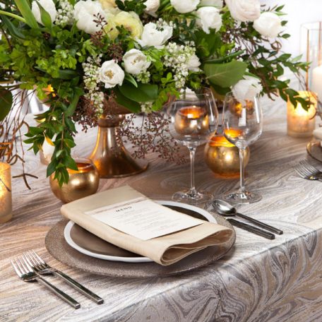 Magma Table Linen with a Lino Ginger Glitter Charger and Stone Shantung Napkin