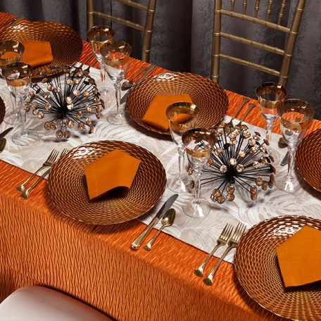 Mandarin Rhythm Table Linen with White Calypso Table Runner