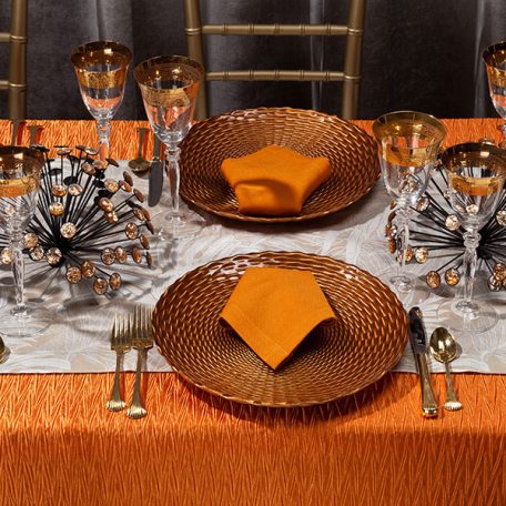 Mandarin Rhythm Table Linen with White Calypso Table Runner