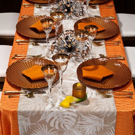 Mandarin Rhythm Table Linen with White Calypso Table Runner