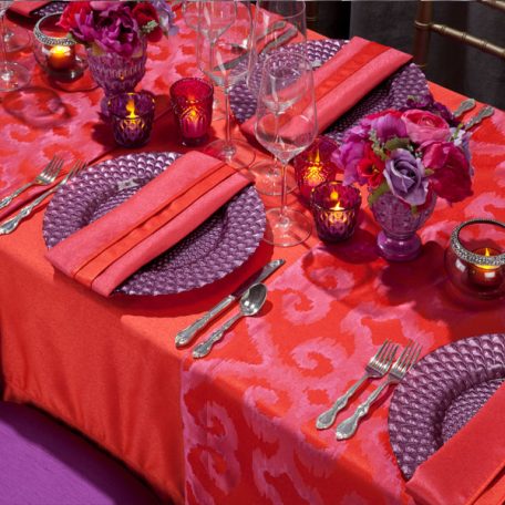 Poppy Duet Tablescape Featuring our Poppy Bravado Table Runner and our Luxe Fuchsia Glass Charger