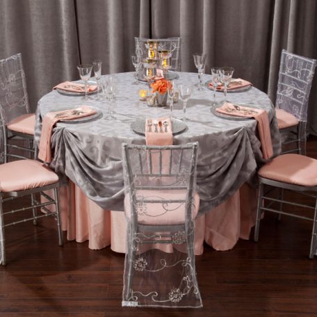 Silver Bravado Table Linen shown with our Apricot Shantung Dinner Napkins