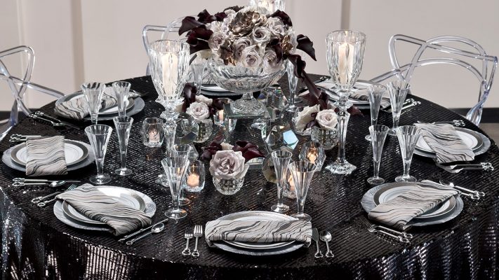 The glistening look of this luxurious Onyx Coco table linen is a great way to enhance the overall mood of your special event. Rent it here today.