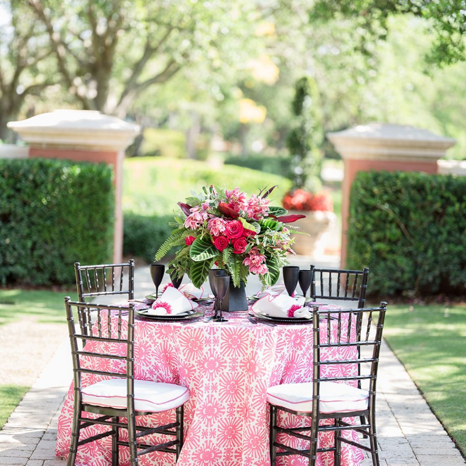 Tropical Pink Patterned Rental Fabric Tablecloth Linen | Fabulous Events