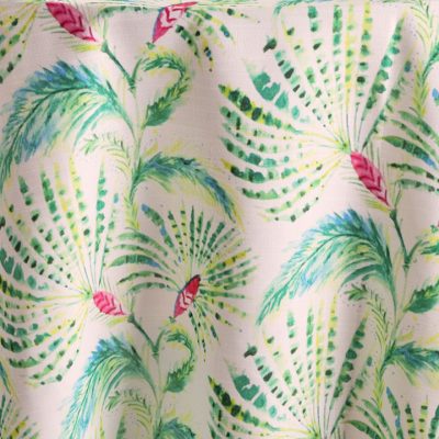 Sanibel, a patterned linen, features a delicate tracery in shades of assorted island greens with vibrant pops of cerise. Part of the Palm Beach Chic collection, Sanibel is powerful enough to be the only pattern in the room or mixed in with other patterns. Shop the entire collection today!