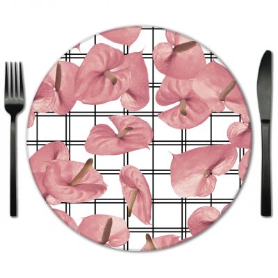 Pink Glass Placemats for Event Rentals. Choose from exclusive designs from Lola Valentina Designs.