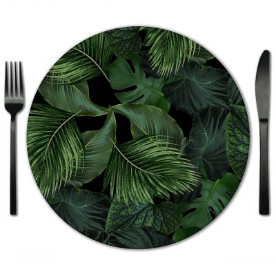 Black and Green Botanical Glass Placemat Rentals from Fabulous Events.