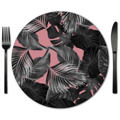 Botanical print glass placemat for rental from Fabulous Events