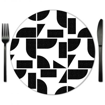 Geometric Glass Placemats for rent. Exclusive Lola Valentina Collection of Glass placemts from Fabulous Events.