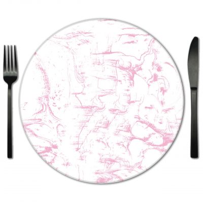 White and Pink Glass Placemat Rental. Rent for Weddings and Special Events.