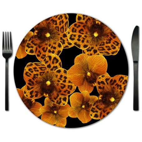 Orchids print Glass Placemat for Rental. Rent for Weddings, Galas, Partied and Special Events