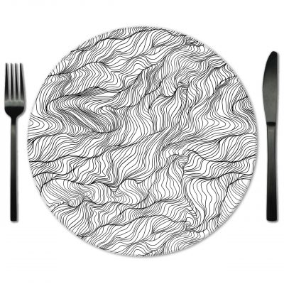 White and Black Glass Placemat for Rental from Fabulous Events.